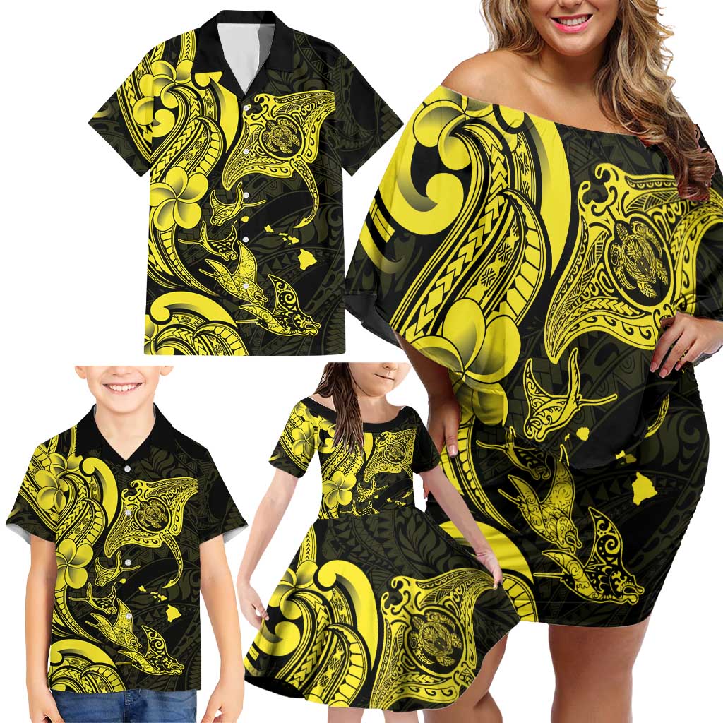 Hawaiian Manta Rays Family Matching Off Shoulder Short Dress and Hawaiian Shirt Tribal Hibiscus Polynesian Tattoos Yellow Color - Polynesian Pride
