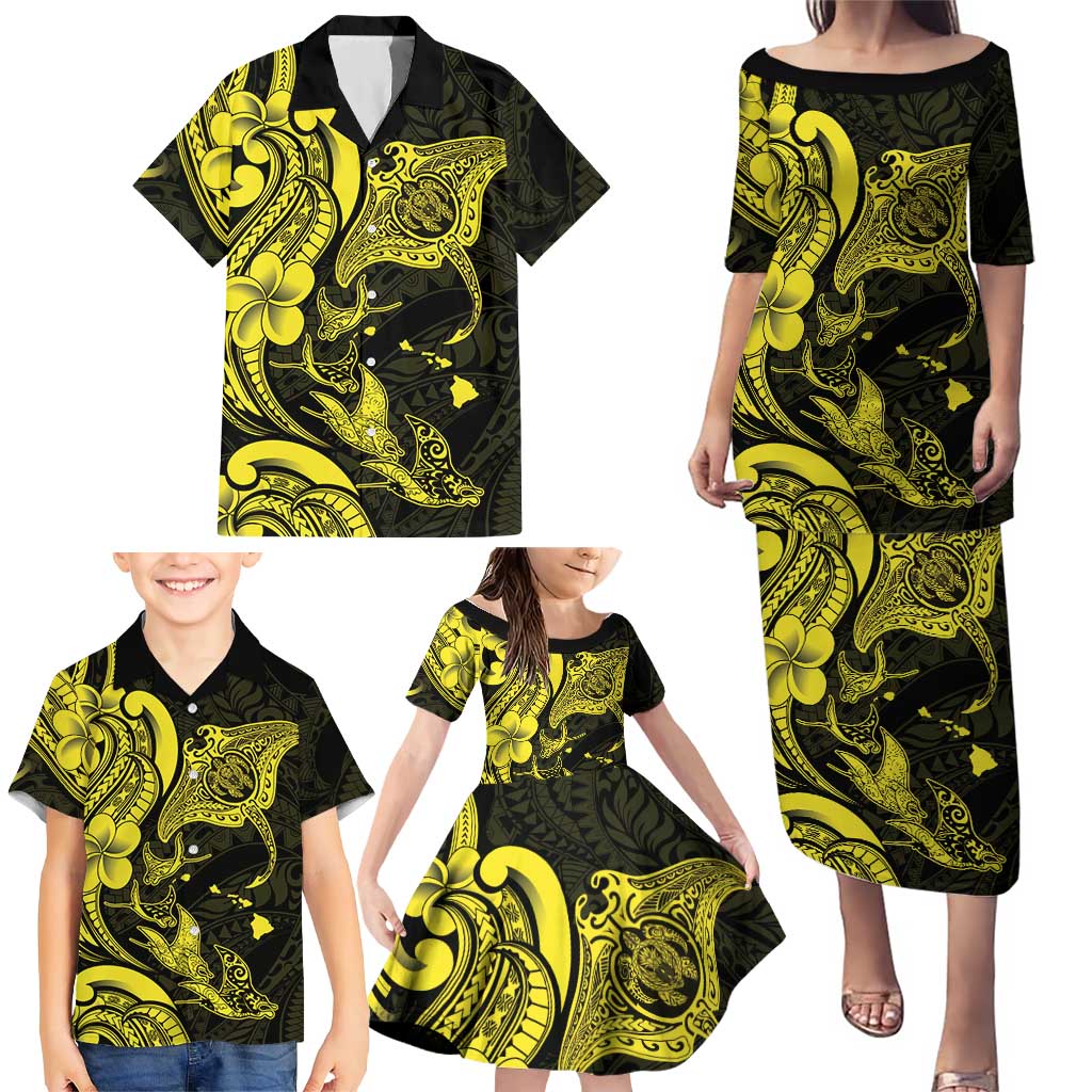Hawaiian Manta Rays Family Matching Puletasi and Hawaiian Shirt Tribal Hibiscus Polynesian Tattoos Yellow Color - Polynesian Pride