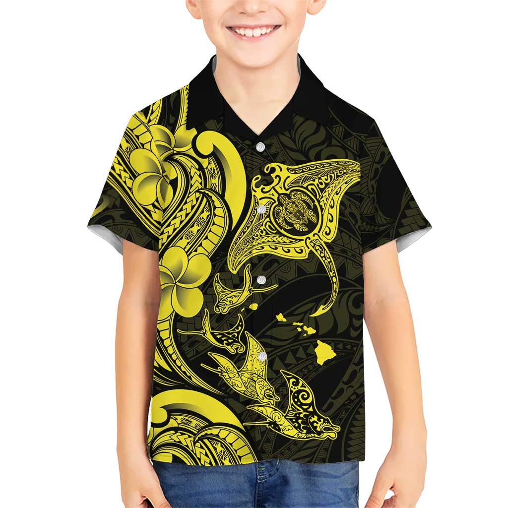 Hawaiian Manta Rays Family Matching Puletasi and Hawaiian Shirt Tribal Hibiscus Polynesian Tattoos Yellow Color LT03 Son's Shirt Yellow - Polynesian Pride