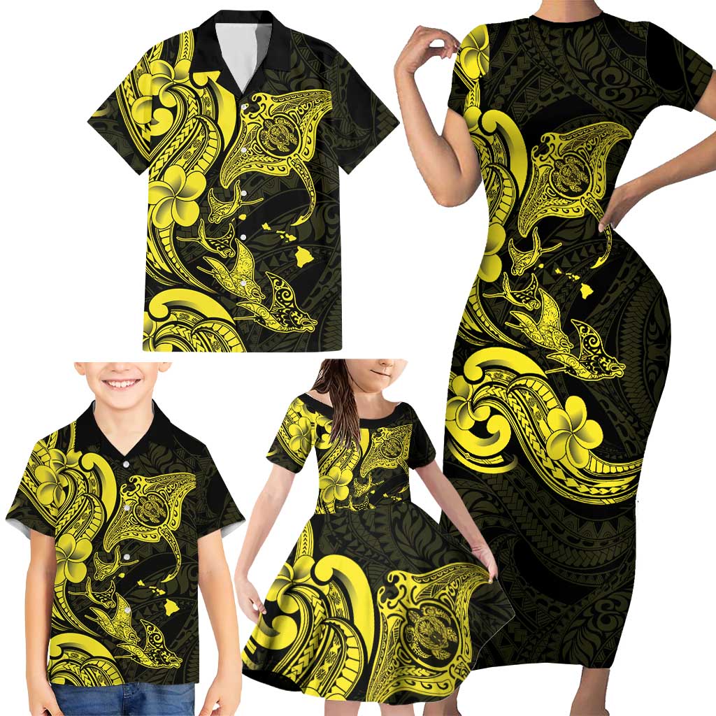 Hawaiian Manta Rays Family Matching Short Sleeve Bodycon Dress and Hawaiian Shirt Tribal Hibiscus Polynesian Tattoos Yellow Color - Polynesian Pride