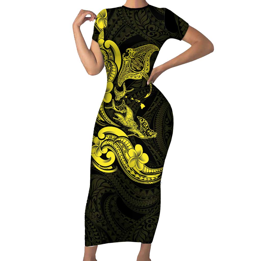 Hawaiian Manta Rays Family Matching Short Sleeve Bodycon Dress and Hawaiian Shirt Tribal Hibiscus Polynesian Tattoos Yellow Color LT03 Mom's Dress Yellow - Polynesian Pride
