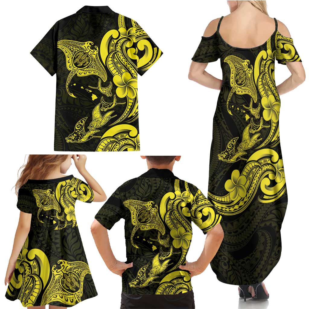 Hawaiian Manta Rays Family Matching Summer Maxi Dress and Hawaiian Shirt Tribal Hibiscus Polynesian Tattoos Yellow Color LT03 - Polynesian Pride