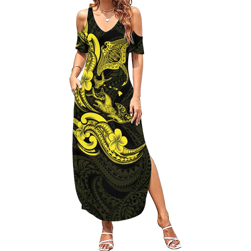 Hawaiian Manta Rays Family Matching Summer Maxi Dress and Hawaiian Shirt Tribal Hibiscus Polynesian Tattoos Yellow Color LT03 Mom's Dress Yellow - Polynesian Pride