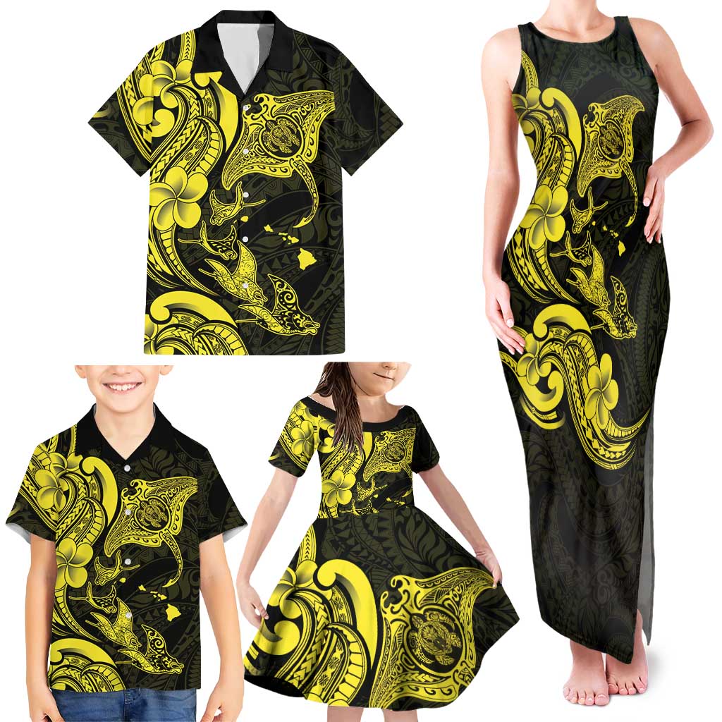 Hawaiian Manta Rays Family Matching Tank Maxi Dress and Hawaiian Shirt Tribal Hibiscus Polynesian Tattoos Yellow Color LT03 - Polynesian Pride