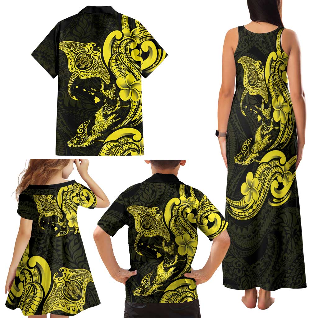 Hawaiian Manta Rays Family Matching Tank Maxi Dress and Hawaiian Shirt Tribal Hibiscus Polynesian Tattoos Yellow Color LT03 - Polynesian Pride