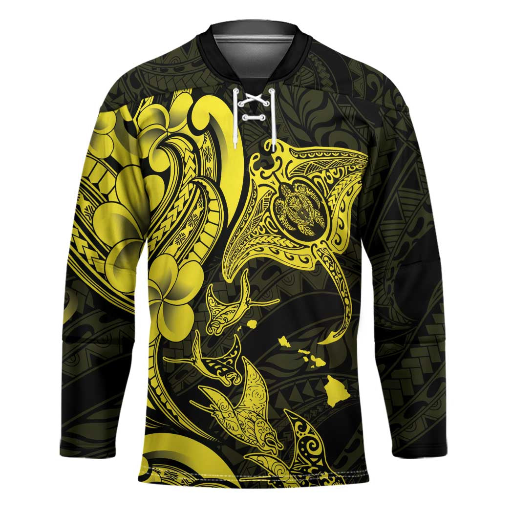 Hawaiian Manta Rays Hockey Jersey Tribal Hibiscus Polynesian Tattoos Yellow Color LT03 Unisex Yellow - Polynesian Pride