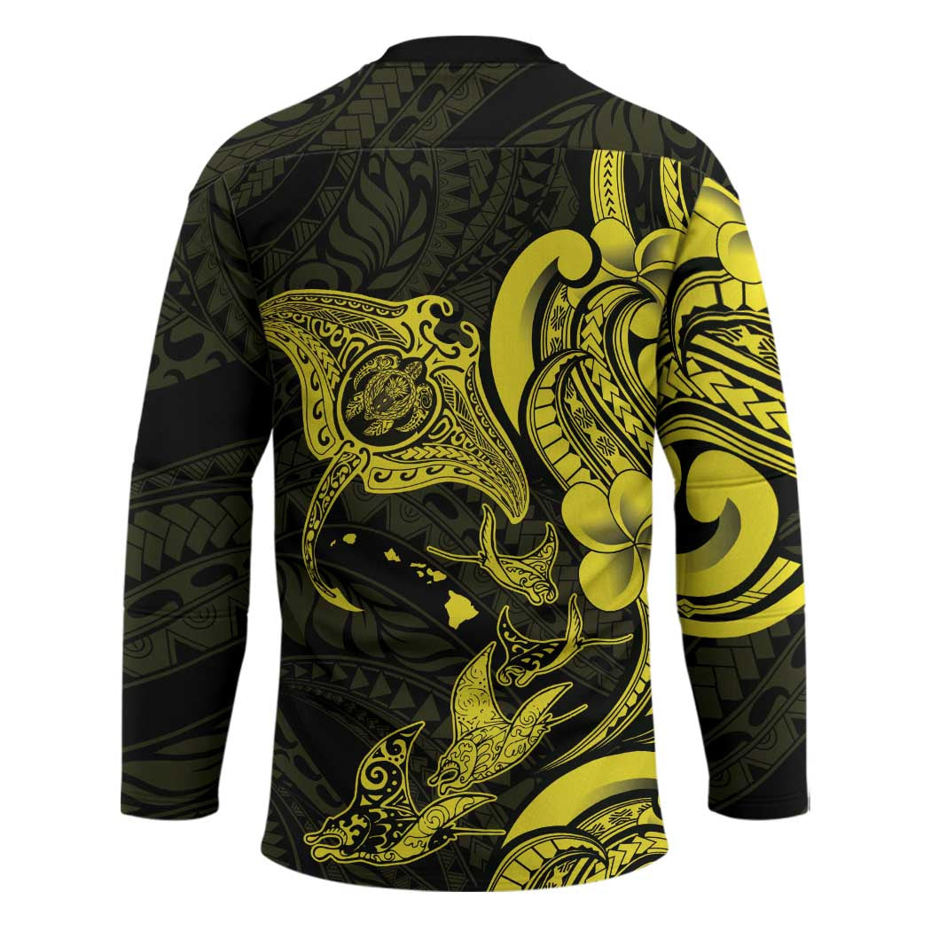 Hawaiian Manta Rays Hockey Jersey Tribal Hibiscus Polynesian Tattoos Yellow Color LT03 - Polynesian Pride