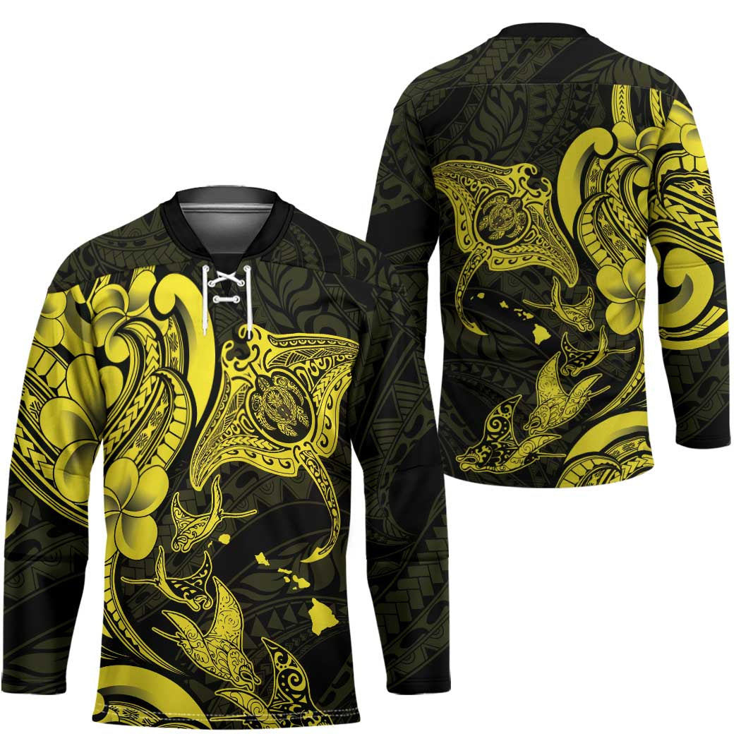 Hawaiian Manta Rays Hockey Jersey Tribal Hibiscus Polynesian Tattoos Yellow Color LT03 - Polynesian Pride