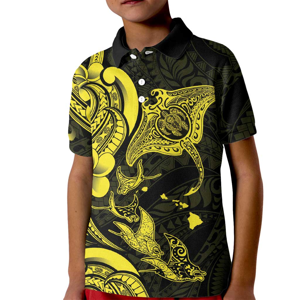 Hawaiian Manta Rays Kid Polo Shirt Tribal Hibiscus Polynesian Tattoos Yellow Color LT03 Kid Yellow - Polynesian Pride