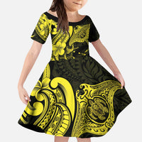 Hawaiian Manta Rays Kid Short Sleeve Dress Tribal Hibiscus Polynesian Tattoos Yellow Color LT03 KID Yellow - Polynesian Pride