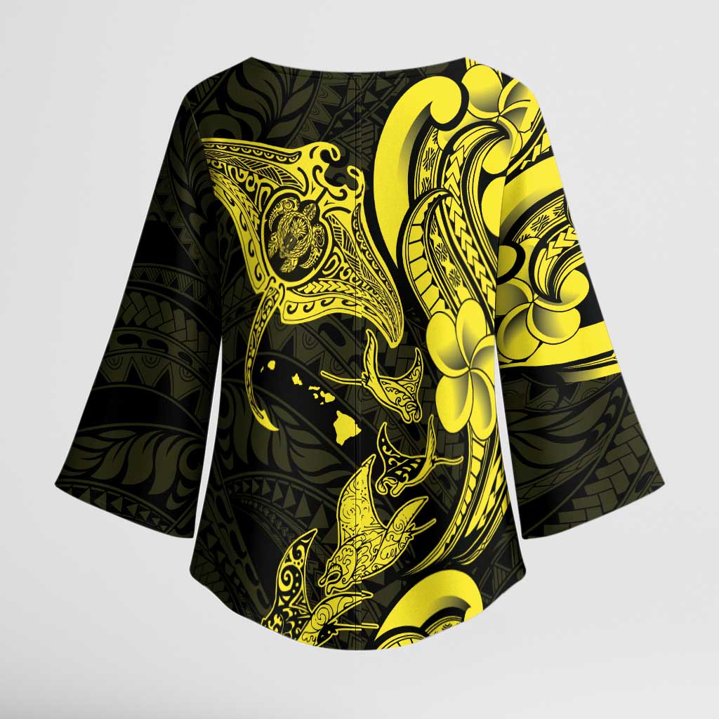 Hawaiian Manta Rays Kimono Sleeve Blouse Tribal Hibiscus Polynesian Tattoos Yellow Color - Polynesian Pride