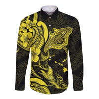 Hawaiian Manta Rays Long Sleeve Button Shirt Tribal Hibiscus Polynesian Tattoos Yellow Color LT03 Unisex Yellow - Polynesian Pride