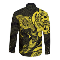 Hawaiian Manta Rays Long Sleeve Button Shirt Tribal Hibiscus Polynesian Tattoos Yellow Color LT03 - Polynesian Pride