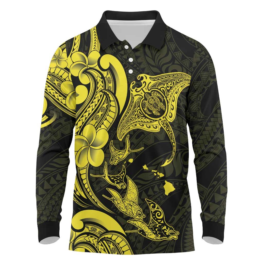 Hawaiian Manta Rays Long Sleeve Polo Shirt Tribal Hibiscus Polynesian Tattoos Yellow Color LT03 Yellow - Polynesian Pride