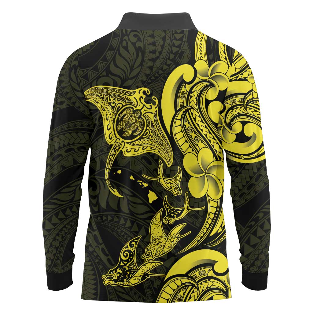 Hawaiian Manta Rays Long Sleeve Polo Shirt Tribal Hibiscus Polynesian Tattoos Yellow Color LT03 - Polynesian Pride