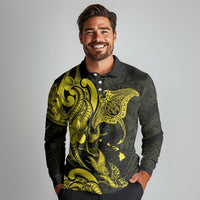 Hawaiian Manta Rays Long Sleeve Polo Shirt Tribal Hibiscus Polynesian Tattoos Yellow Color LT03 - Polynesian Pride