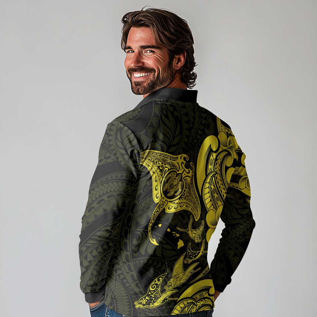 Hawaiian Manta Rays Long Sleeve Polo Shirt Tribal Hibiscus Polynesian Tattoos Yellow Color LT03 - Polynesian Pride