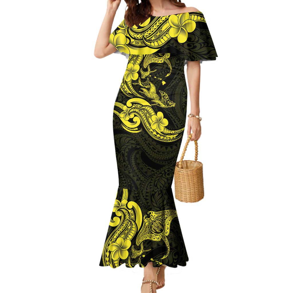 Hawaiian Manta Rays Mermaid Dress Tribal Hibiscus Polynesian Tattoos Yellow Color LT03 Women Yellow - Polynesian Pride