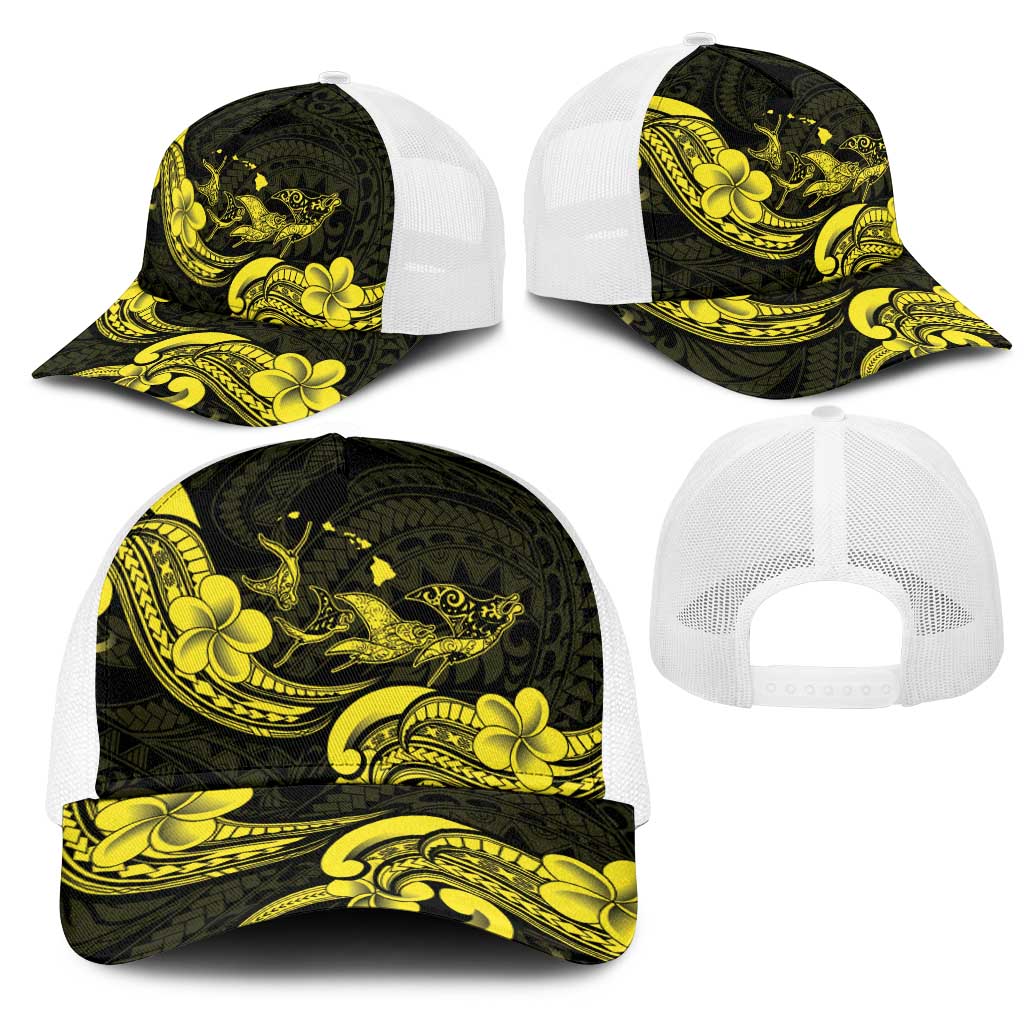 Hawaiian Manta Rays Mesh Trucker Cap Tribal Hibiscus Polynesian Tattoos Yellow Color - Polynesian Pride