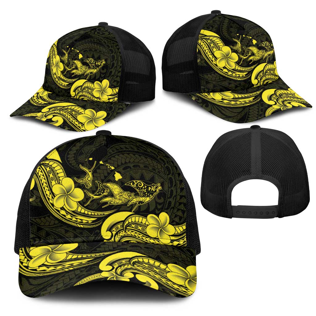 Hawaiian Manta Rays Mesh Trucker Cap Tribal Hibiscus Polynesian Tattoos Yellow Color - Polynesian Pride