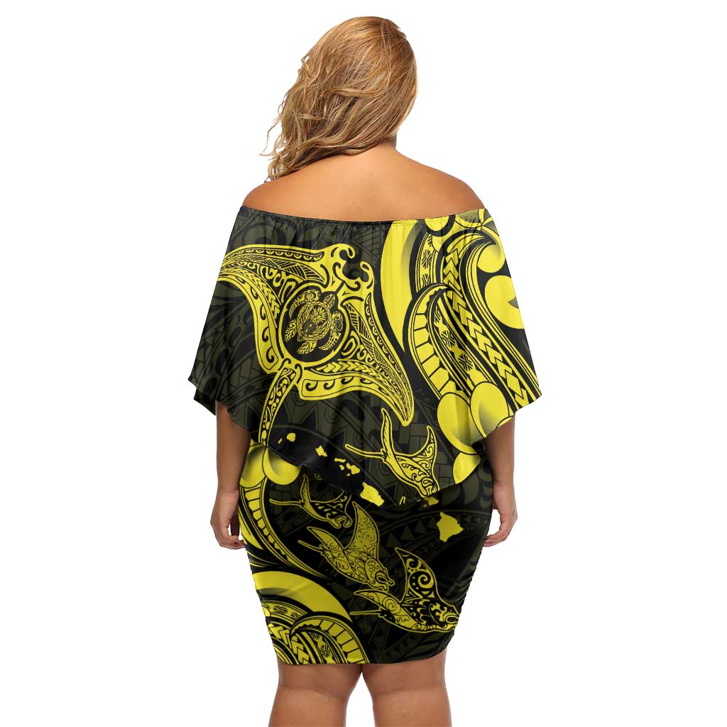 Hawaiian Manta Rays Off Shoulder Short Dress Tribal Hibiscus Polynesian Tattoos Yellow Color LT03 - Polynesian Pride