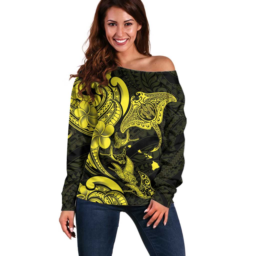 Hawaiian Manta Rays Off Shoulder Sweater Tribal Hibiscus Polynesian Tattoos Yellow Color LT03 Women Yellow - Polynesian Pride