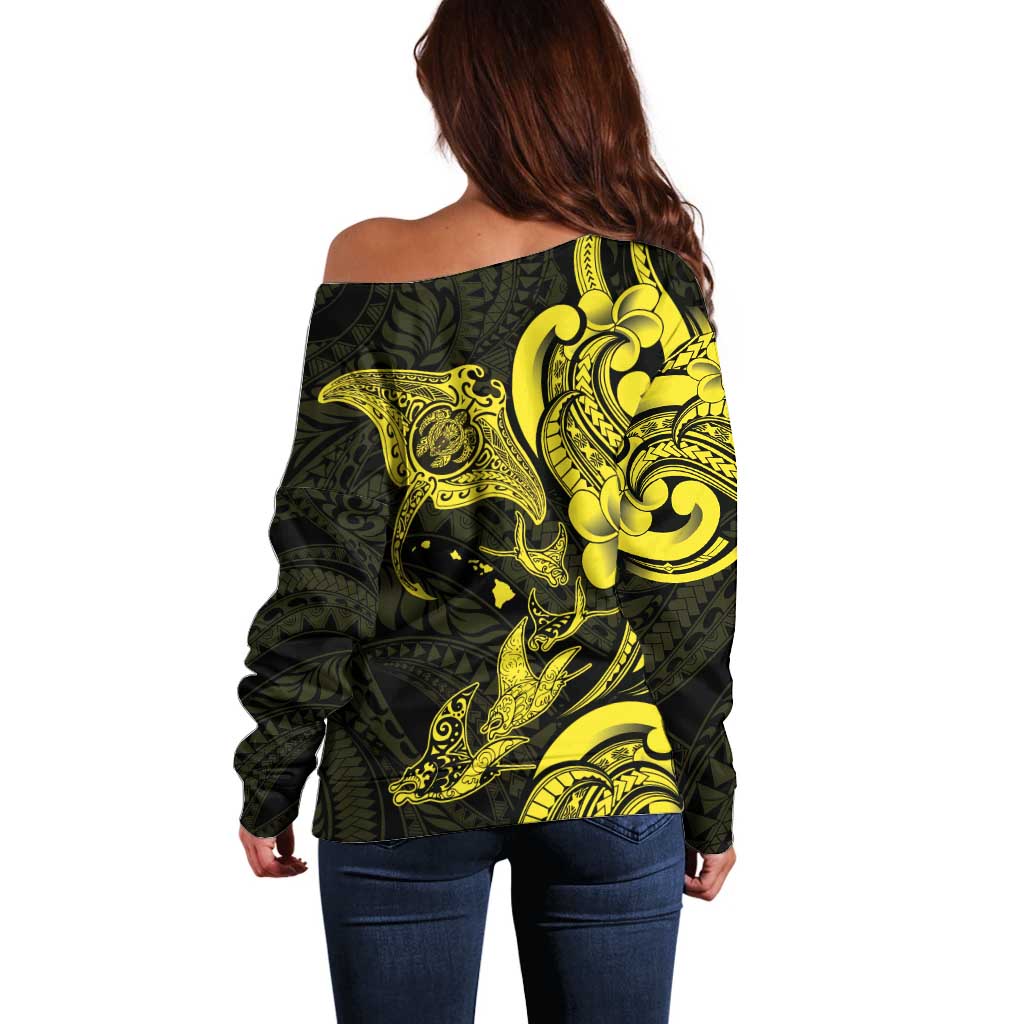 Hawaiian Manta Rays Off Shoulder Sweater Tribal Hibiscus Polynesian Tattoos Yellow Color LT03 - Polynesian Pride