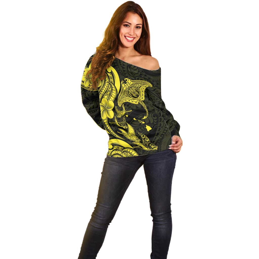 Hawaiian Manta Rays Off Shoulder Sweater Tribal Hibiscus Polynesian Tattoos Yellow Color LT03 - Polynesian Pride