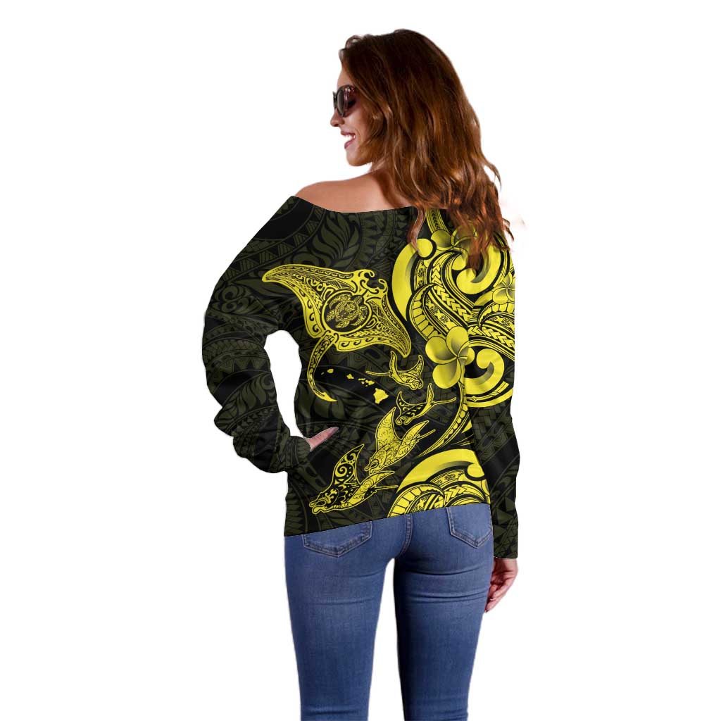 Hawaiian Manta Rays Off Shoulder Sweater Tribal Hibiscus Polynesian Tattoos Yellow Color LT03 - Polynesian Pride