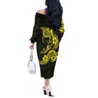 Hawaiian Manta Rays Off The Shoulder Long Sleeve Dress Tribal Hibiscus Polynesian Tattoos Yellow Color LT03 - Polynesian Pride
