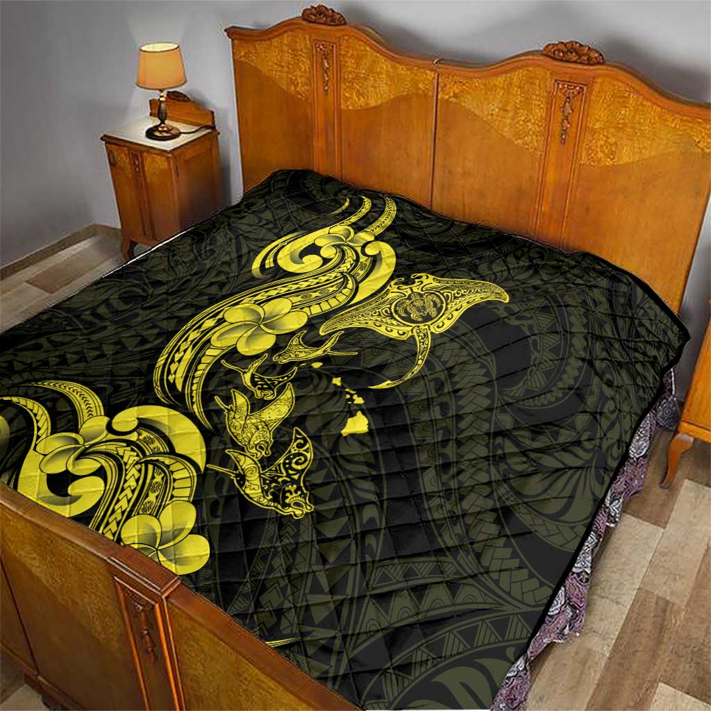 Hawaiian Manta Rays Quilt Tribal Hibiscus Polynesian Tattoos Yellow Color - Polynesian Pride
