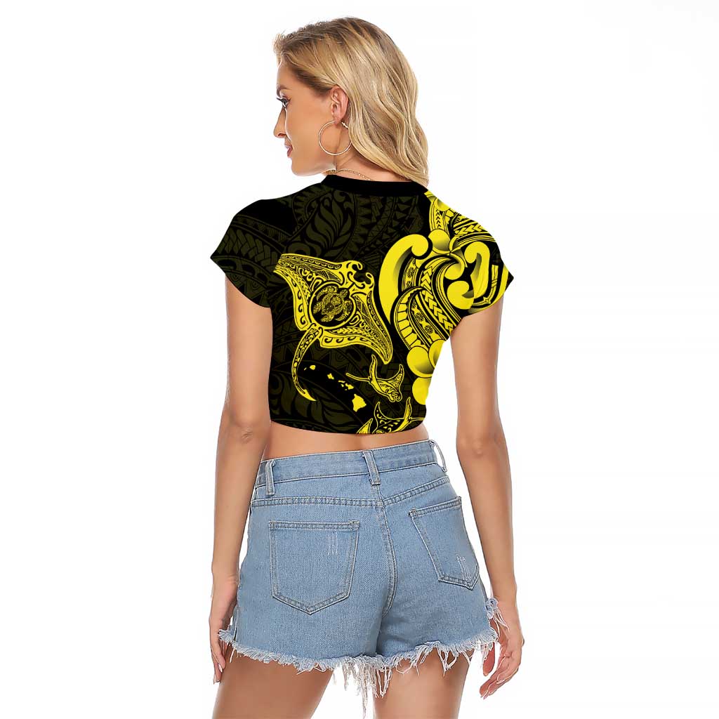 Hawaiian Manta Rays Raglan Cropped T Shirt Tribal Hibiscus Polynesian Tattoos Yellow Color LT03 - Polynesian Pride