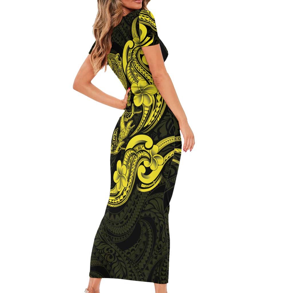 Hawaiian Manta Rays Short Sleeve Bodycon Dress Tribal Hibiscus Polynesian Tattoos Yellow Color LT03 - Polynesian Pride