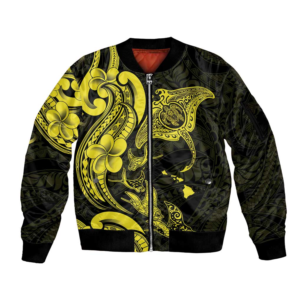 Hawaiian Manta Rays Sleeve Zip Bomber Jacket Tribal Hibiscus Polynesian Tattoos Yellow Color LT03 Unisex Yellow - Polynesian Pride