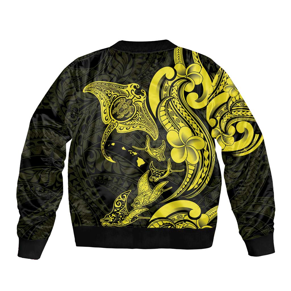 Hawaiian Manta Rays Sleeve Zip Bomber Jacket Tribal Hibiscus Polynesian Tattoos Yellow Color LT03 - Polynesian Pride