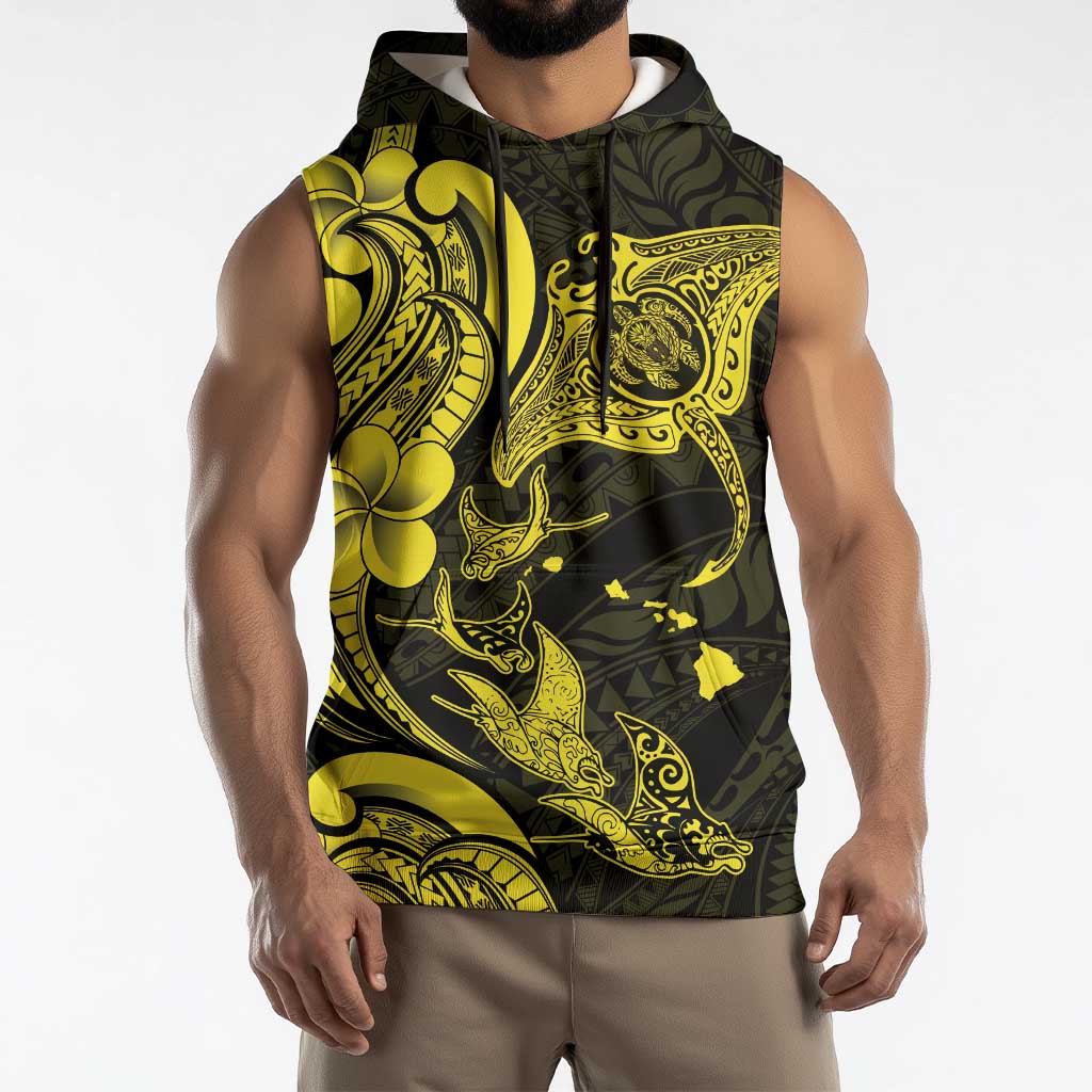 Hawaiian Manta Rays Sleeveless Hoodie Tribal Hibiscus Polynesian Tattoos Yellow Color LT03 - Polynesian Pride