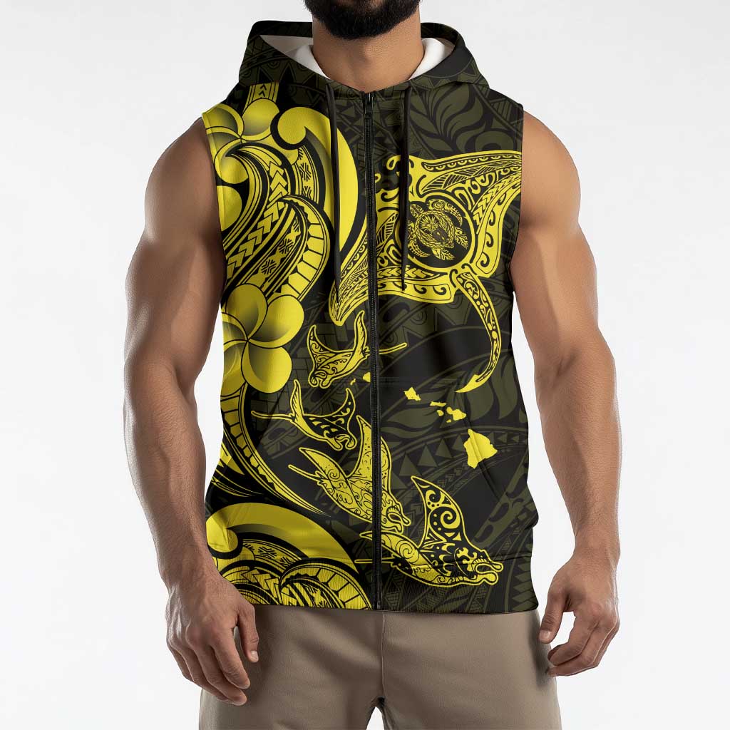 Hawaiian Manta Rays Sleeveless Zip Hoodie Tribal Hibiscus Polynesian Tattoos Yellow Color LT03 - Polynesian Pride