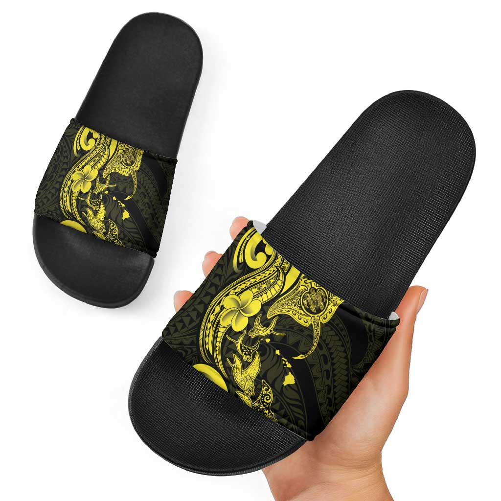 Hawaiian Manta Rays Slide Sandals Tribal Hibiscus Polynesian Tattoos Yellow Color - Polynesian Pride