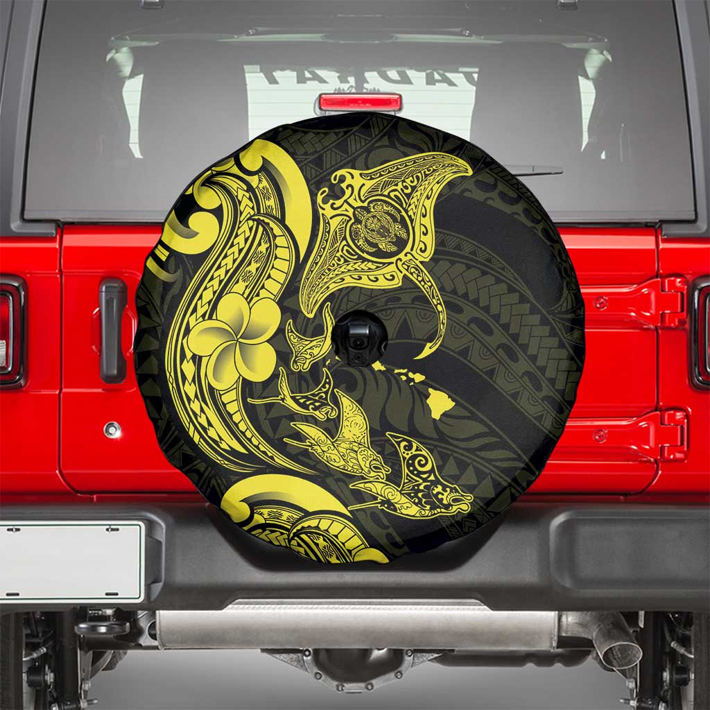 Hawaiian Manta Rays Spare Tire Cover Tribal Hibiscus Polynesian Tattoos Yellow Color LT03 - Polynesian Pride