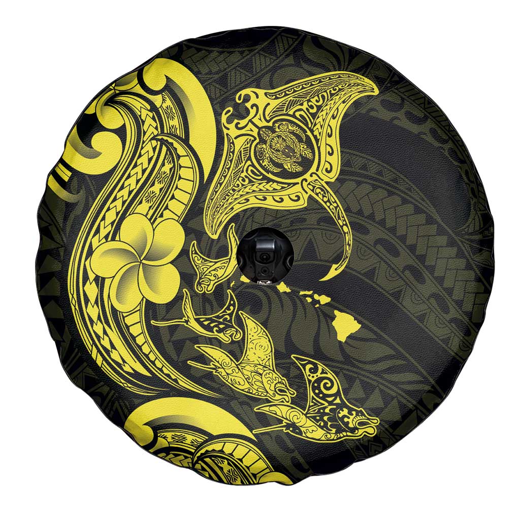 Hawaiian Manta Rays Spare Tire Cover Tribal Hibiscus Polynesian Tattoos Yellow Color LT03 - Polynesian Pride