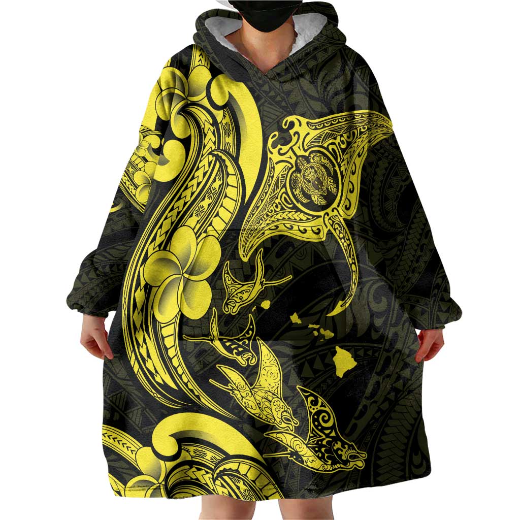 Hawaiian Manta Rays Wearable Blanket Hoodie Tribal Hibiscus Polynesian Tattoos Yellow Color LT03 - Polynesian Pride