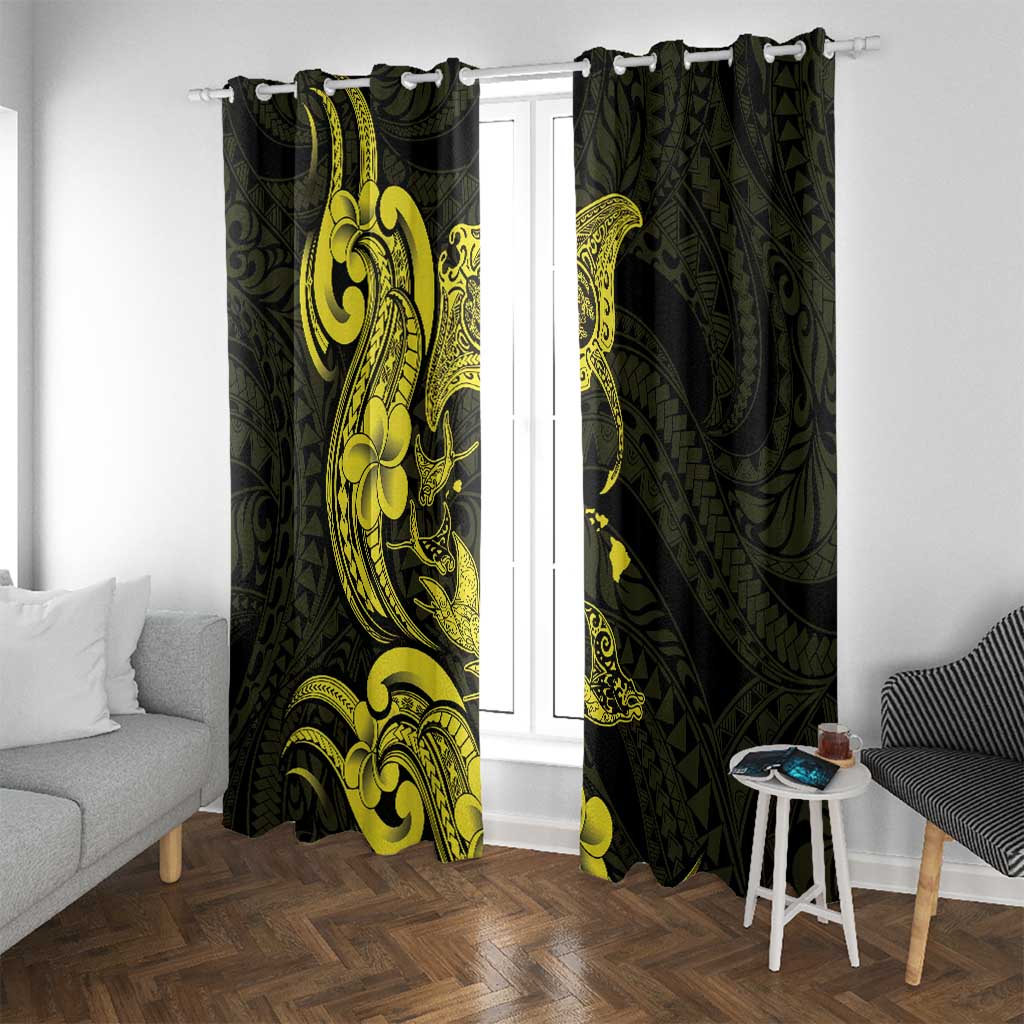 Hawaiian Manta Rays Window Curtain Tribal Hibiscus Polynesian Tattoos Yellow Color - Polynesian Pride