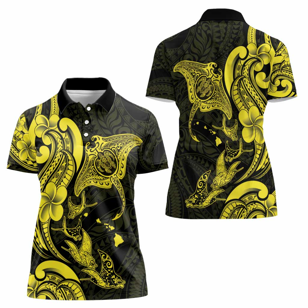 Hawaiian Manta Rays Women Polo Shirt Tribal Hibiscus Polynesian Tattoos Yellow Color - Polynesian Pride
