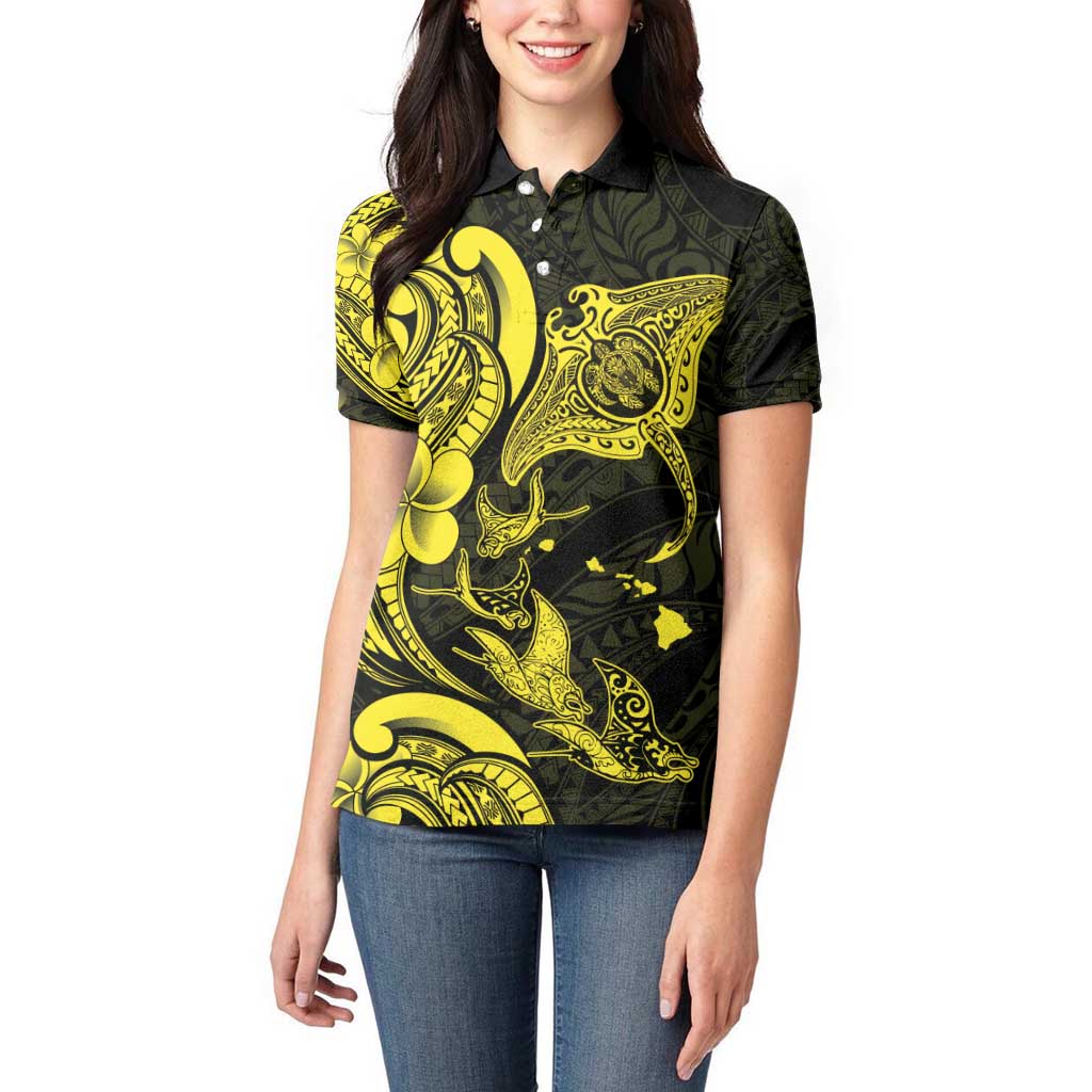 Hawaiian Manta Rays Women Polo Shirt Tribal Hibiscus Polynesian Tattoos Yellow Color - Polynesian Pride