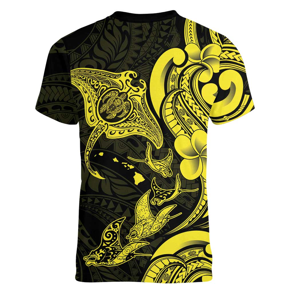 Hawaiian Manta Rays Women V-Neck T-Shirt Tribal Hibiscus Polynesian Tattoos Yellow Color LT03 - Polynesian Pride
