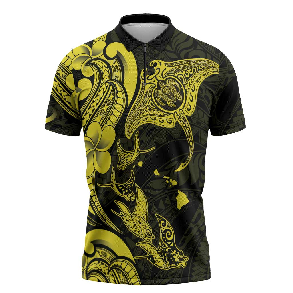 Hawaiian Manta Rays Zipper Polo Shirt Tribal Hibiscus Polynesian Tattoos Yellow Color - Polynesian Pride
