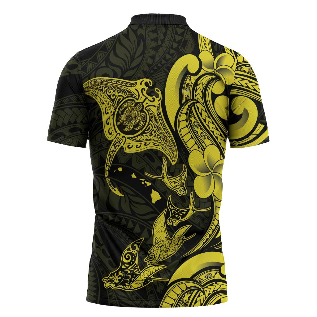 Hawaiian Manta Rays Zipper Polo Shirt Tribal Hibiscus Polynesian Tattoos Yellow Color LT03 - Polynesian Pride