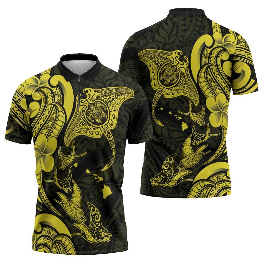 Hawaiian Manta Rays Zipper Polo Shirt Tribal Hibiscus Polynesian Tattoos Yellow Color LT03 - Polynesian Pride