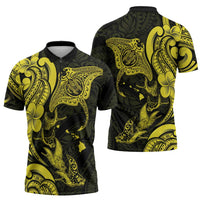 Hawaiian Manta Rays Zipper Polo Shirt Tribal Hibiscus Polynesian Tattoos Yellow Color LT03 - Polynesian Pride