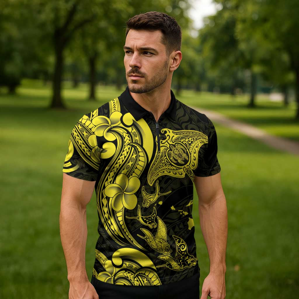 Hawaiian Manta Rays Zipper Polo Shirt Tribal Hibiscus Polynesian Tattoos Yellow Color LT03 - Polynesian Pride